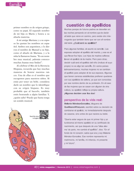 Quoted in Spanish on Keeping Your Maiden Name VISTA MAGAZINE
