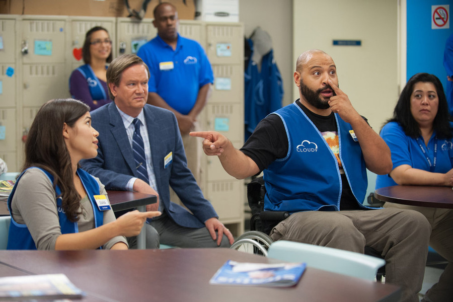 SUPERSTORE -- "Magazine Profile" Episode 106 -- Pictured: (l-r) America Ferrera as Amy, Mark McKinney as Glenn, Colton Dunn as Garrett -- (Photo by: Colleen Hayes/NBC)