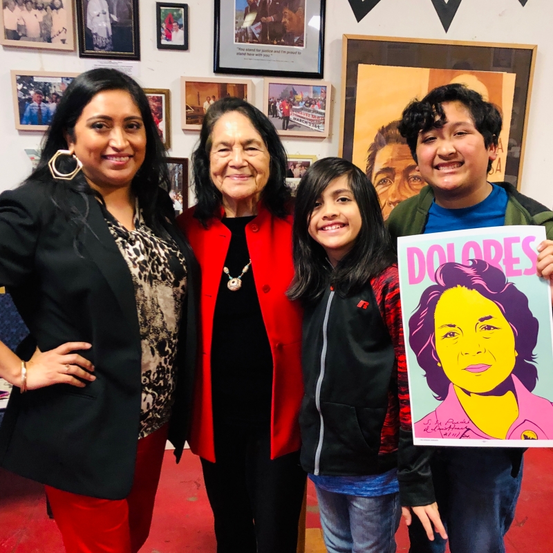 Melanie @QueMeansWhat with Dolores Huerta and Melanie's two sons.