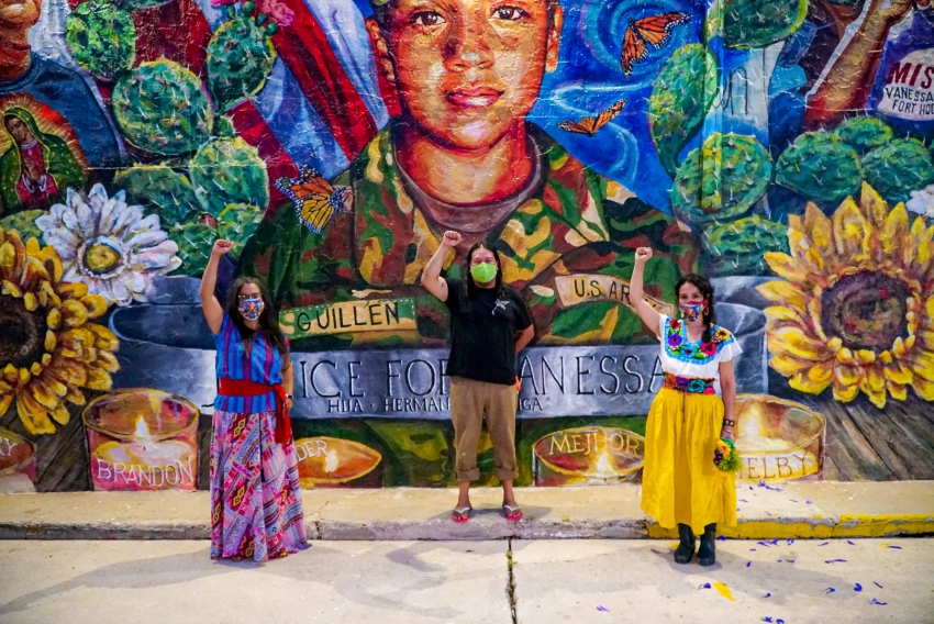 Adriana M. Garcia, Rudy Herrera, Ana Laura Hernandez, the artists of Entre Todas Las Mujeres, A Vanessa Guillen Mural in San Antonio, TX