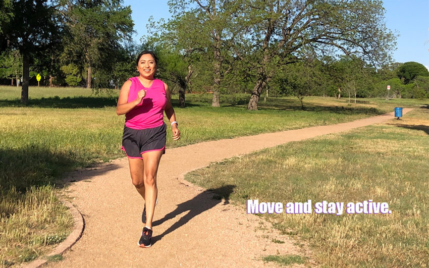 Melanie running at her local park trail - Learn Healthier Lifestyle Tips at the Community Garden Health and Wellness Event 