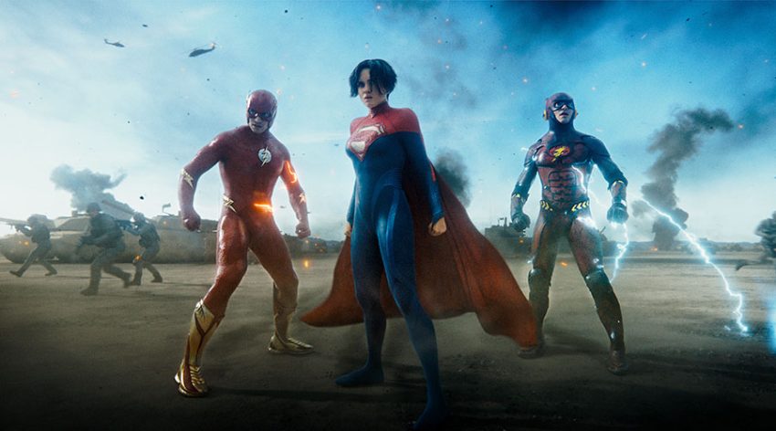 (L-R) EZRA MILLER as Barry Allen/The Flash, SASHA CALLE as Kara Zor-El/Supergirl and EZRA MILLER as Barry Allen/The Flash in Warner Bros. Pictures’ action adventure “THE FLASH,” a Warner Bros. Pictures release.