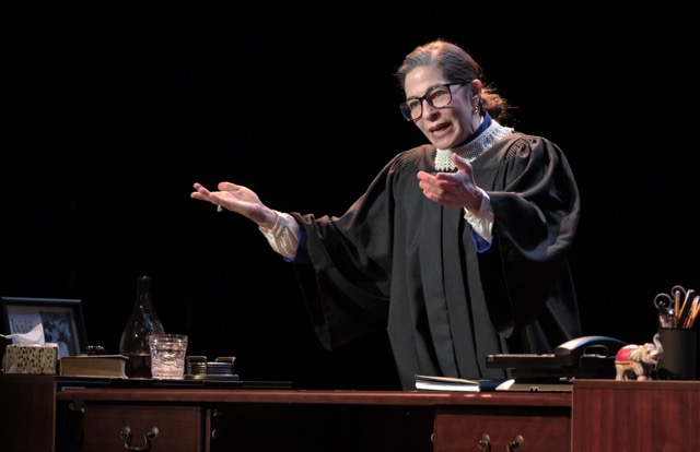 Michelle Azar as Ruth Bader Ginsberg on stage in the play 'All Things Equal'